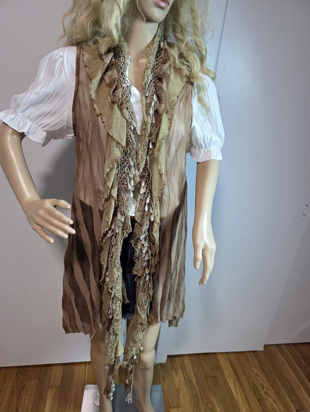 Pretty Angel Silk Blend Ruffled Lace Trim Duster Vest Brown Gold Medium Boho